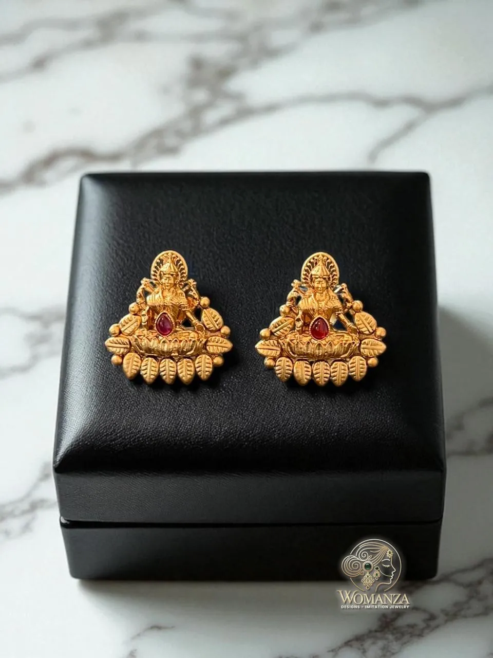 Antique Lakshmi Temple Stud Earrings with Ruby Accent