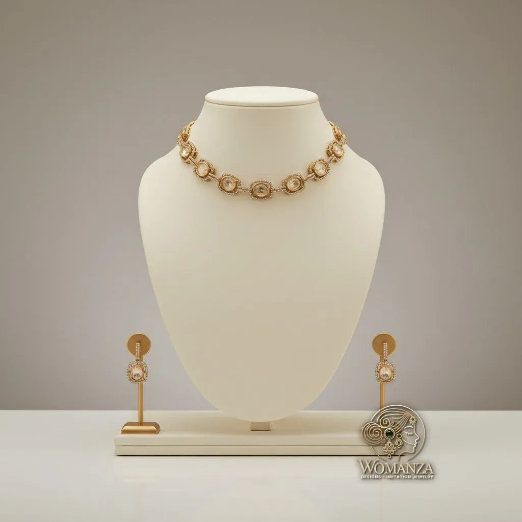 Cushion Kundan-Style Choker Set with Pavé Crystal Halo & Drop Earrings