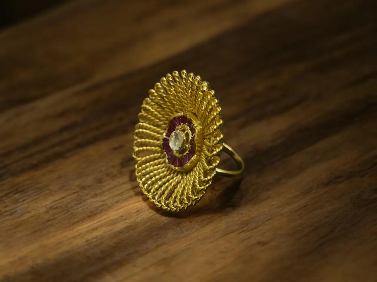 Surya Chakra Cocktail Ring with Ruby Baguettes & Kundan Centre