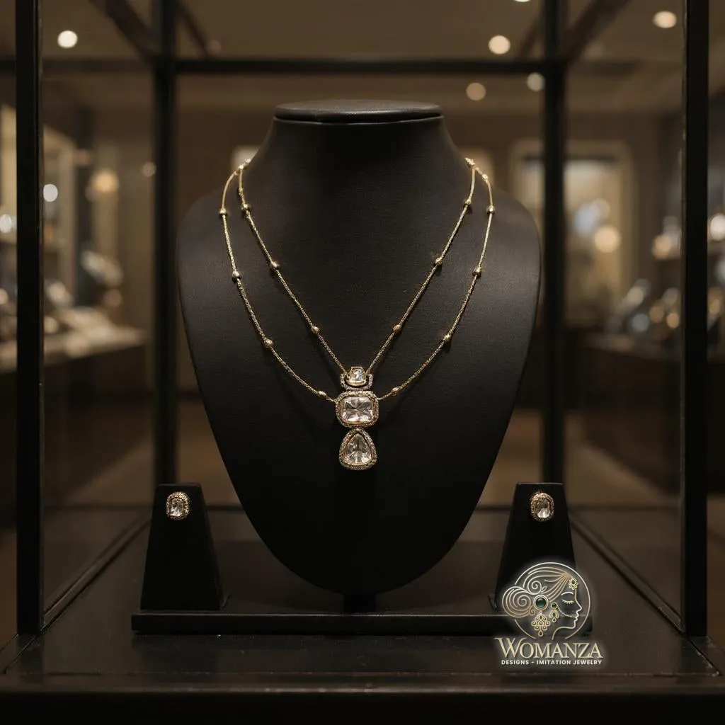 Polki Triple Drop Pendant Set with Dual Layer Chain