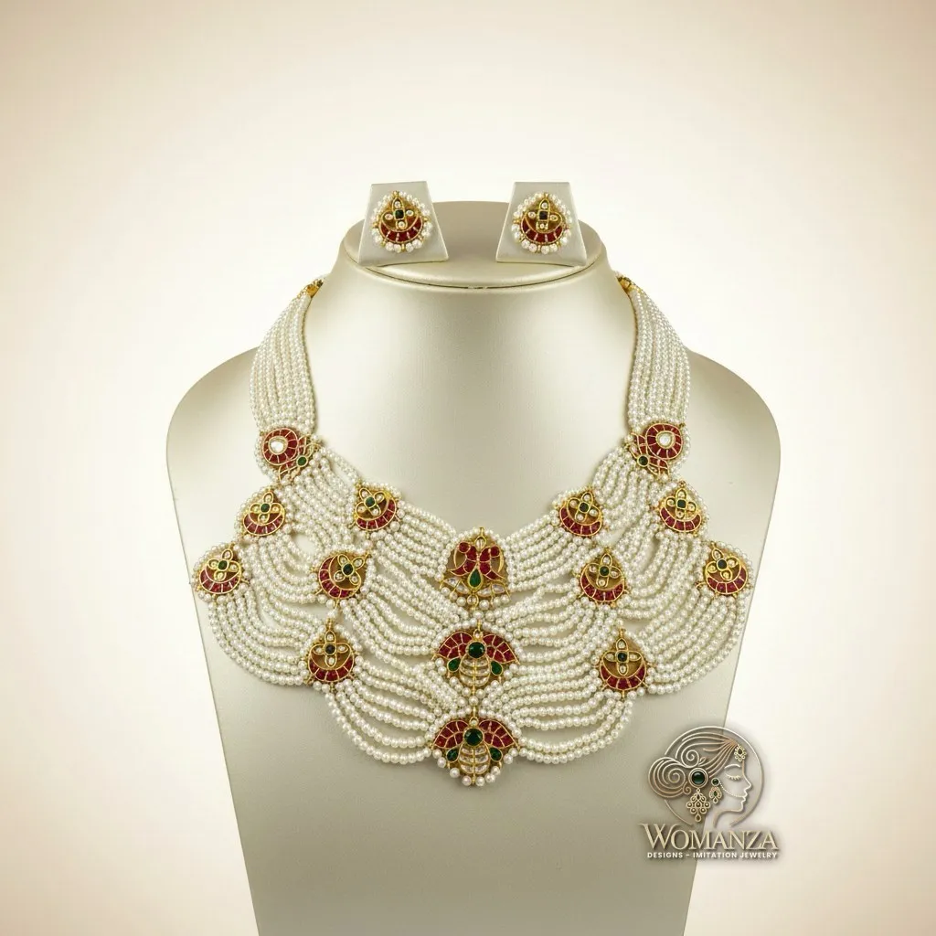 Satlada Pearl Kundan Bridal Necklace Set