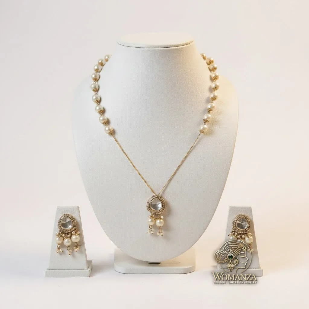 Pearl & Kundan Pendant Necklace Set with Matching Earrings