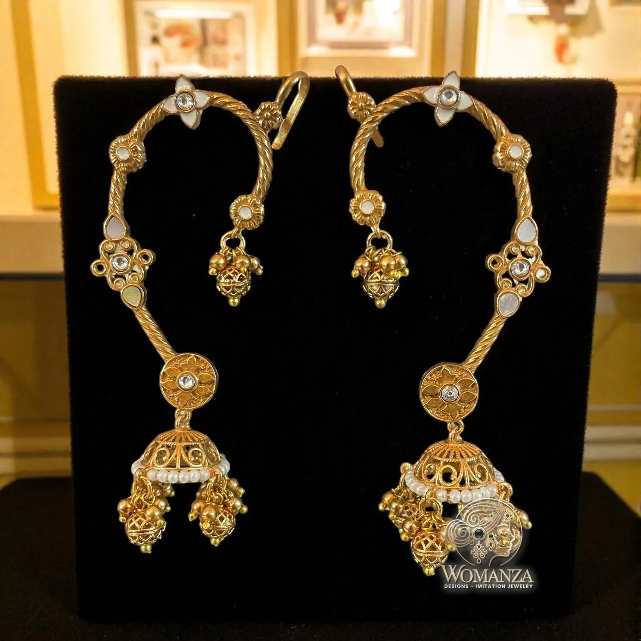Traditional Ear Cuff Jhumka Earrings with Kundan & Pearl Detailing