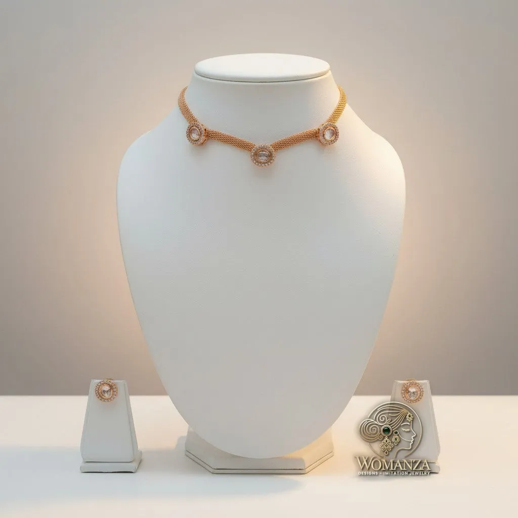 Gold Mesh Choker Necklace Set with Stone-Studded Stud Earrings