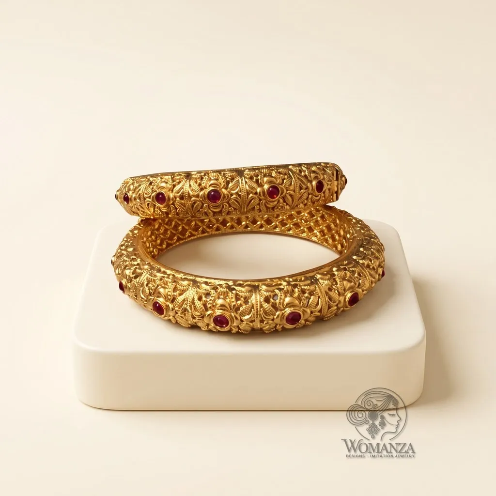 Broad Antique Carved Openable Bangle Pair with Ruby-Toned Cabochons — Size 2.6
