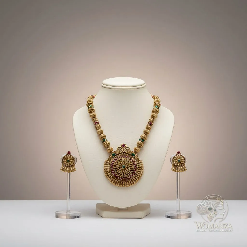 Antique Temple Medallion Necklace Set with Multi-Stone Jhumkas
