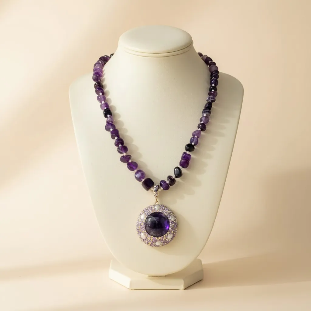 Turkish-Style Pendant Necklace in Amethyst-Toned Natural Stone