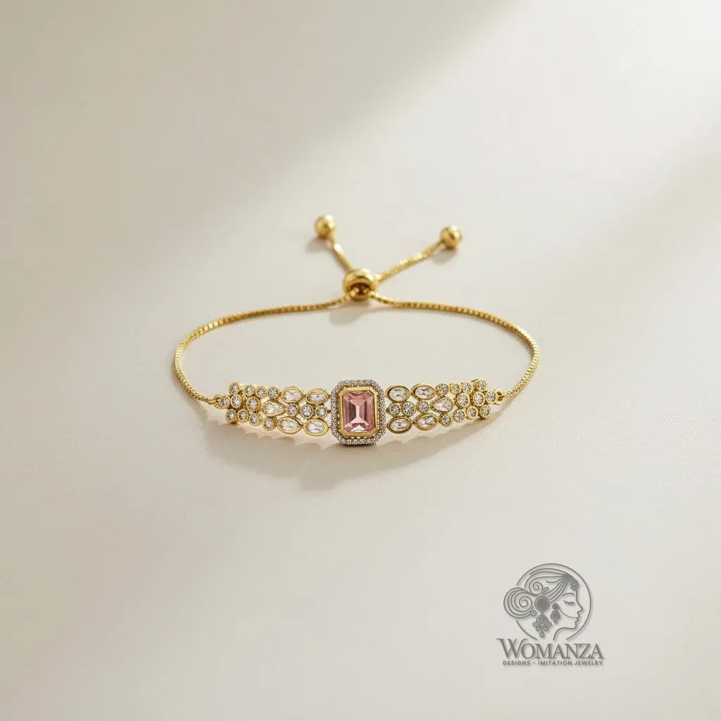 Kundan Adjustable Bracelet with Pink Stone Centrepiece