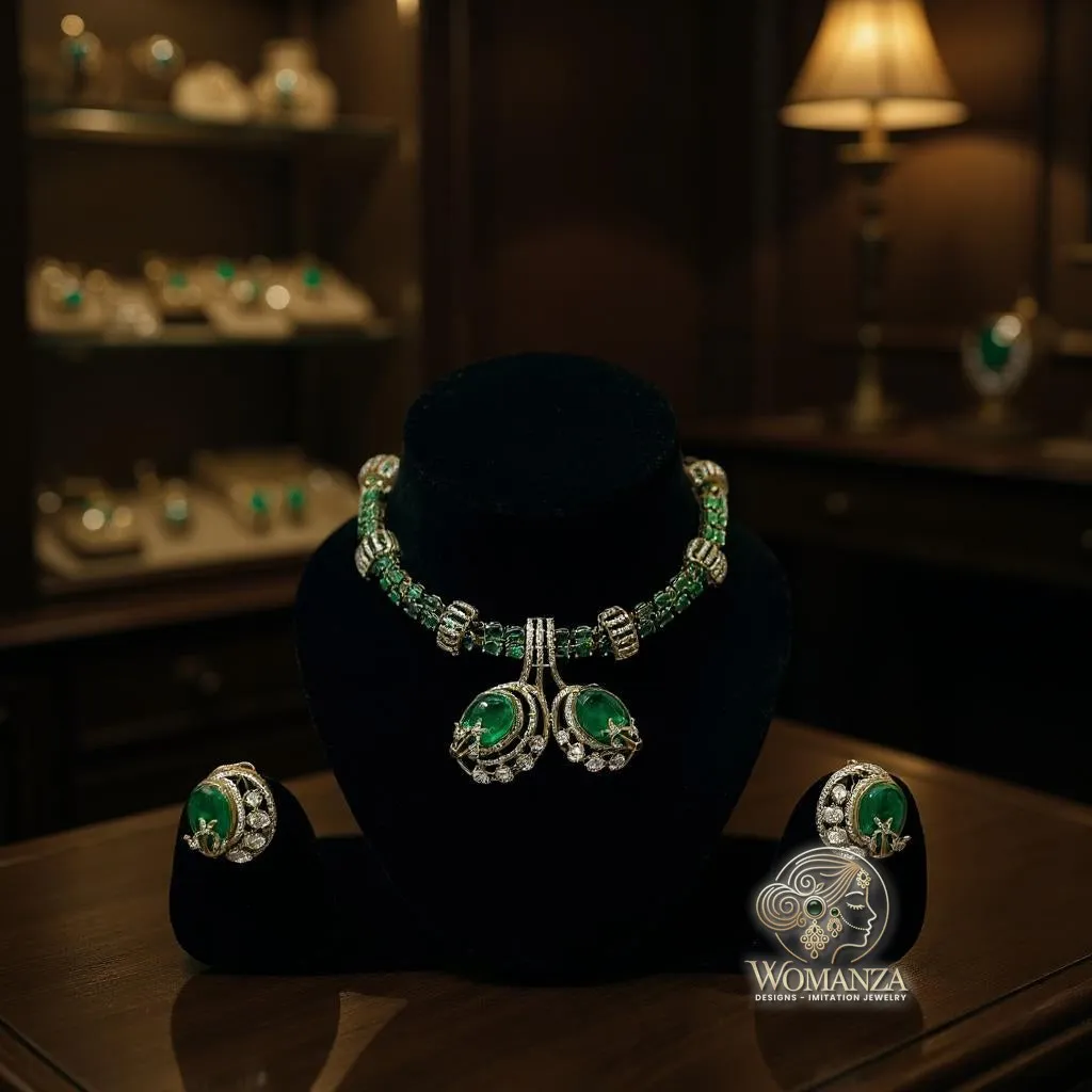 Emerald Panther Choker Necklace Set with Statement Rings