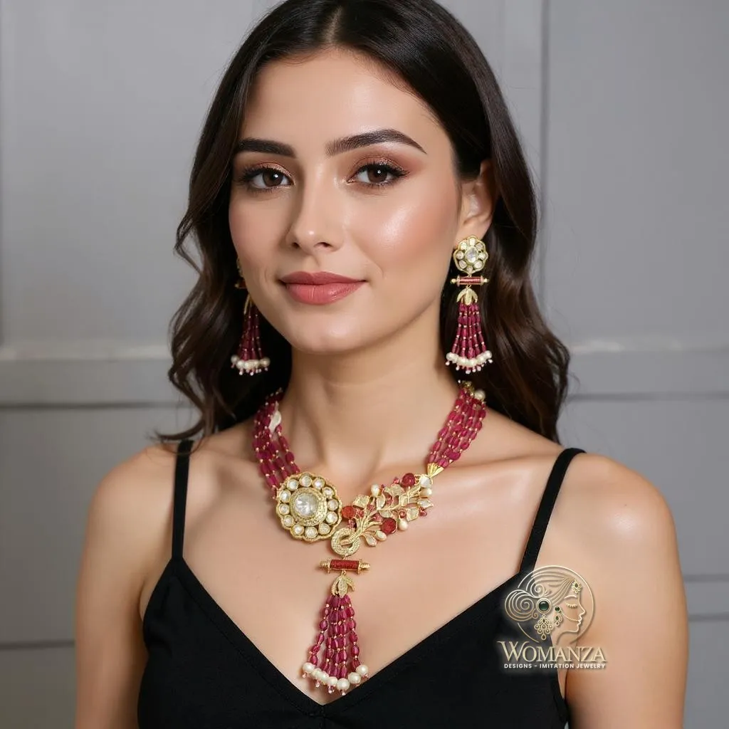 Maroon Beaded Floral Peacock Necklace Set