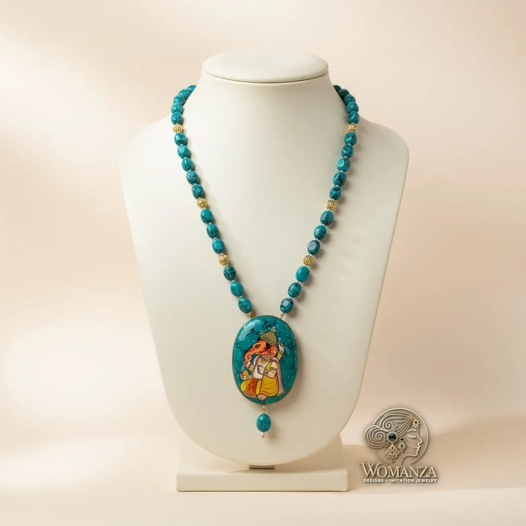 Hand-Painted Ganesha Turquoise Mala Necklace