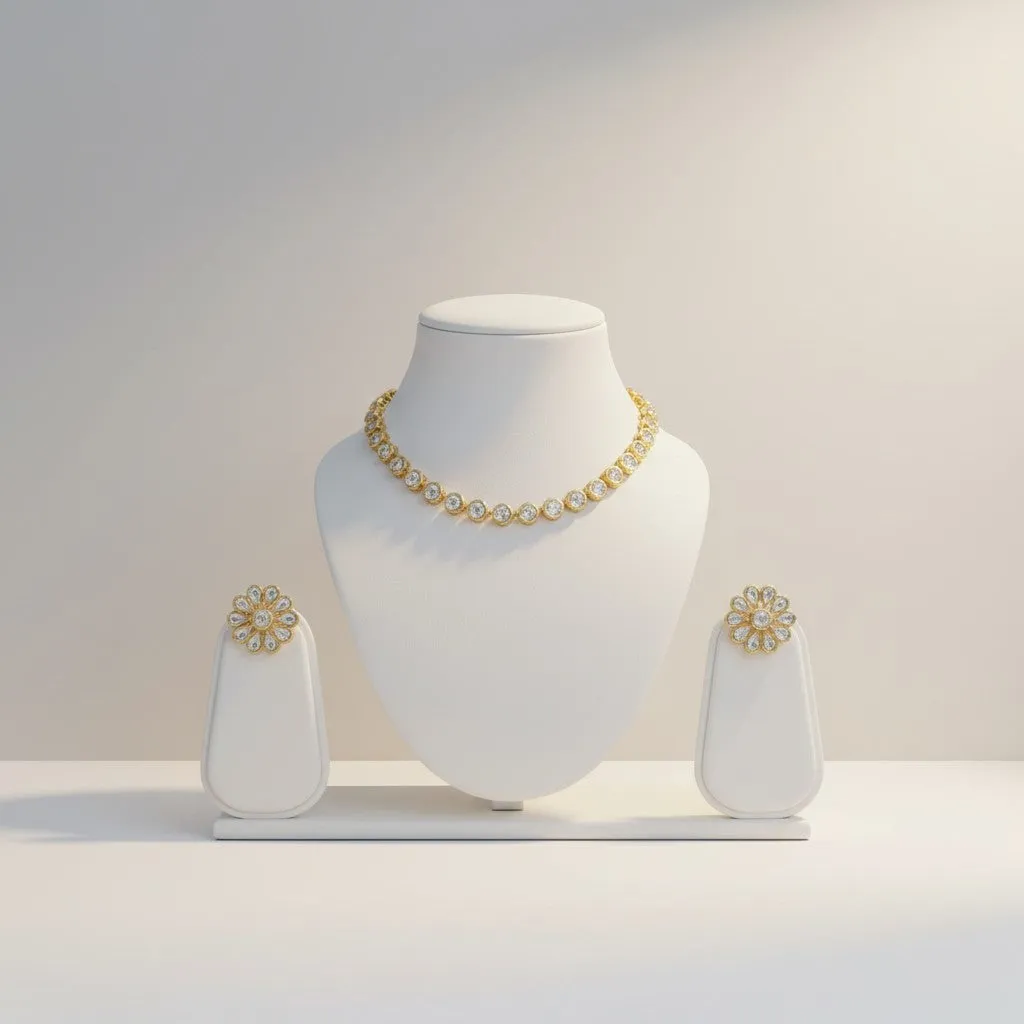 Round Stone Statement Necklace Set with Oversized Floral Studs