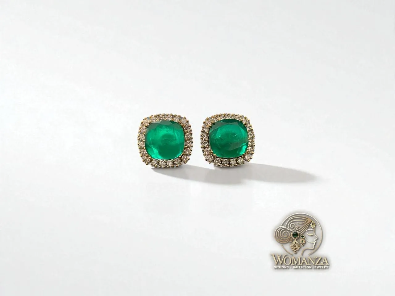 Classic Emerald Cushion Stud Earrings with AD Halo