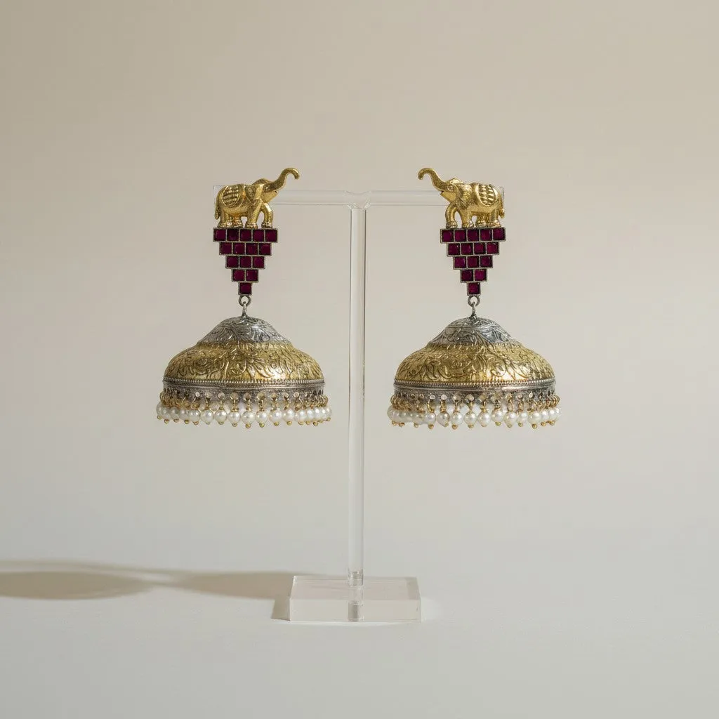 Dual-Tone Elephant Jhumka Earrings with Ruby Stones & Pearl Drops