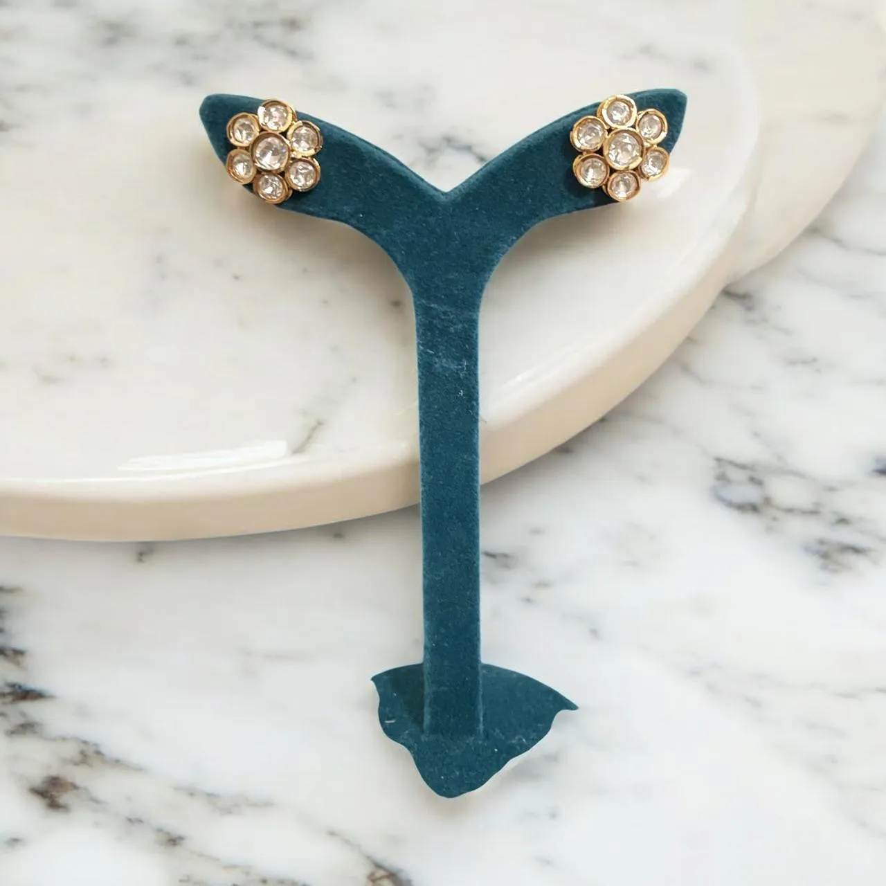 Minimal Floral Stud Earrings in Gold-Tone with Clear Stones