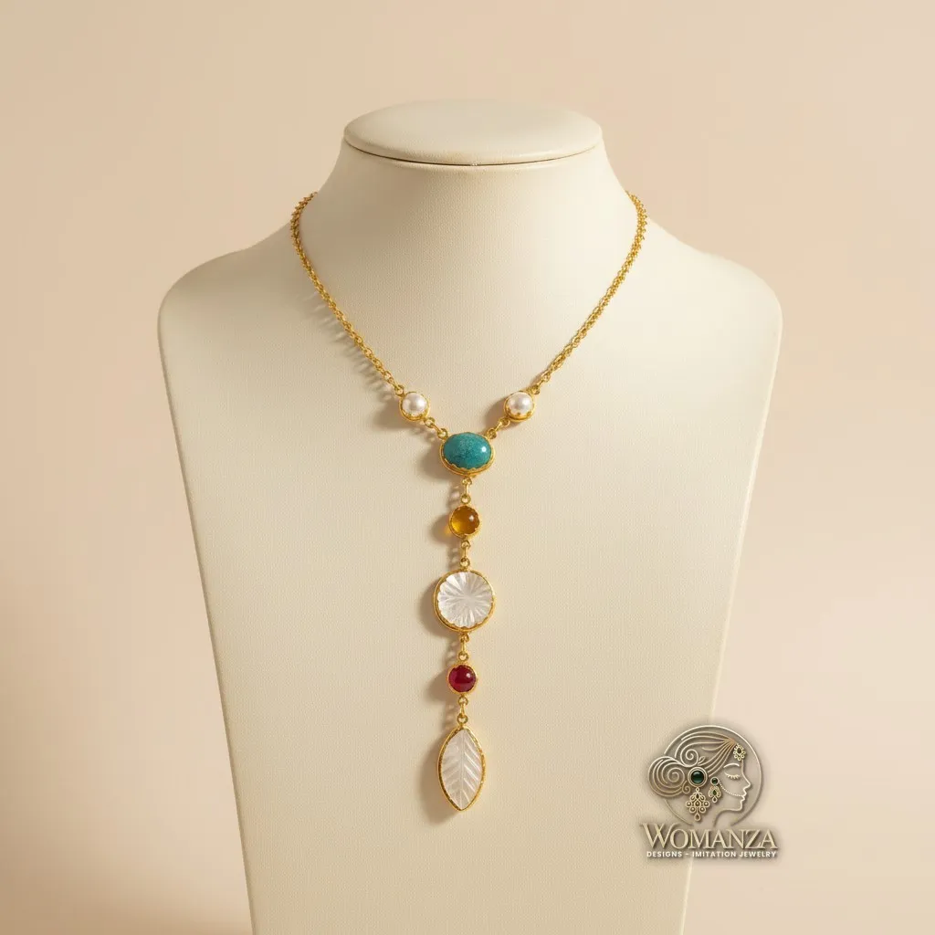 Carved Mother of Pearl & Turquoise Gold Lariat Necklace
