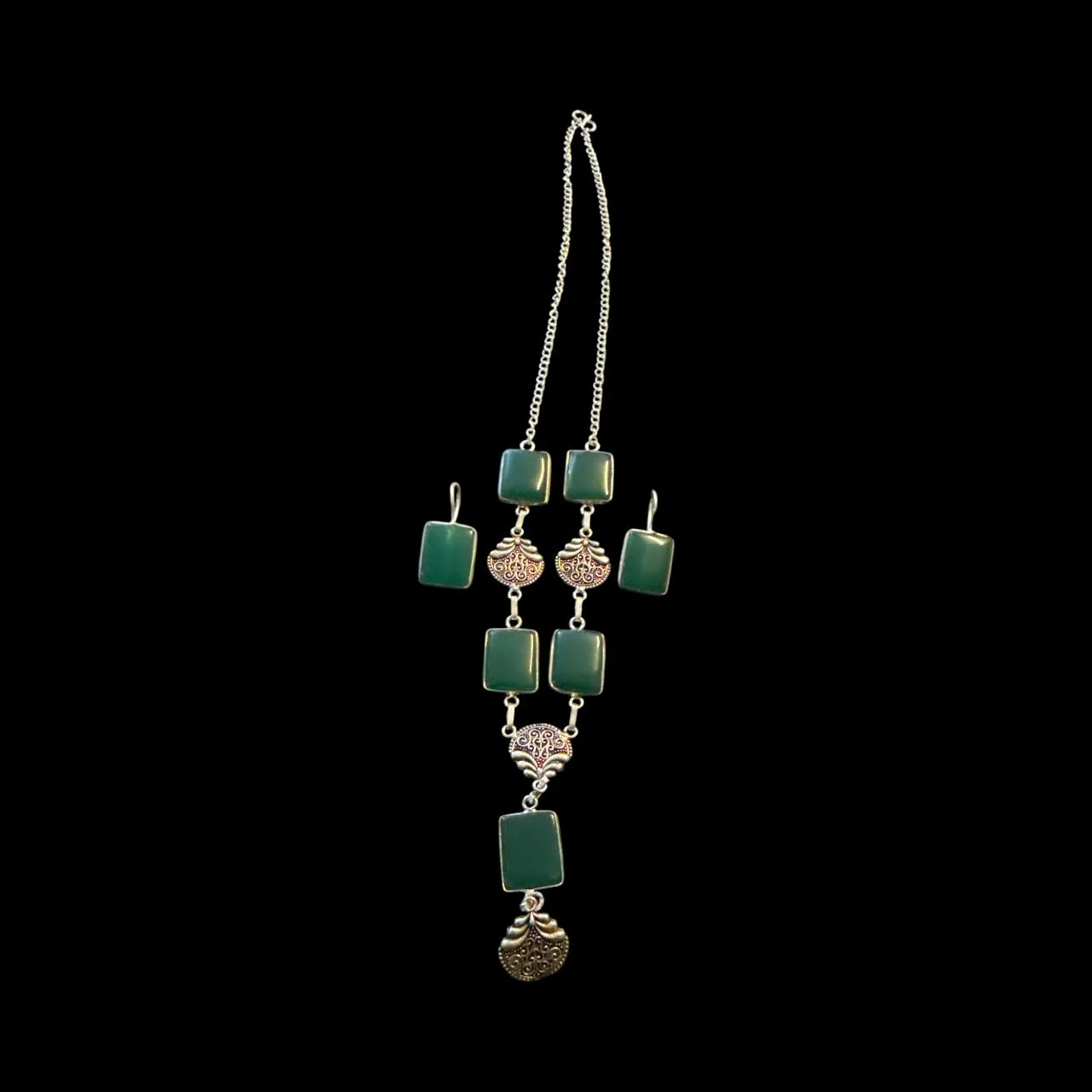 Green Stone Long Necklace Set with Oxidised Motifs & Earrings