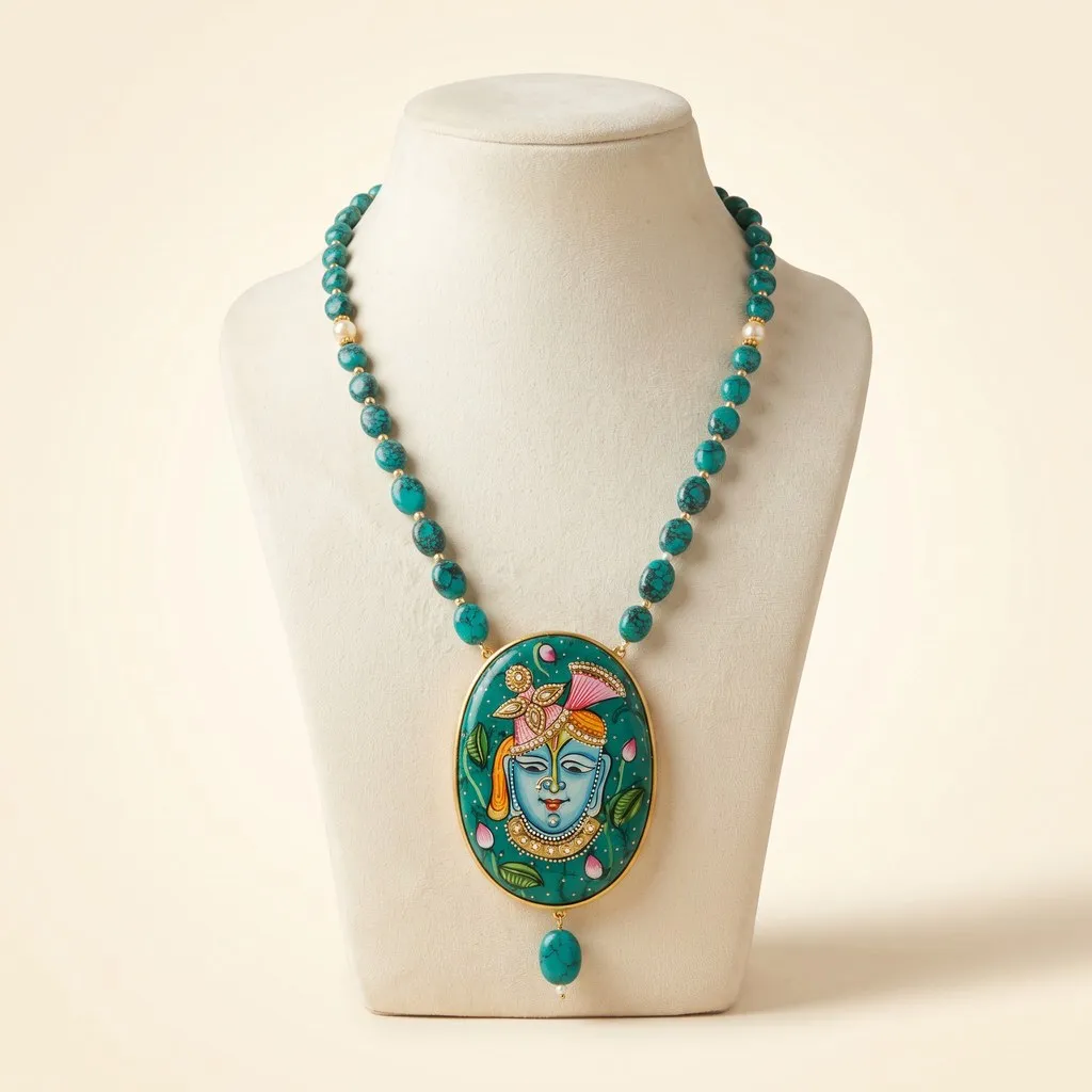 Hand-Painted Shrinathji Turquoise Mala Necklace