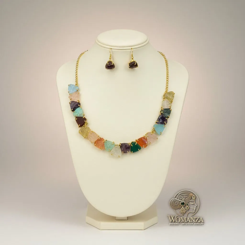 Natural Stone Multicolour Necklace & Earrings Set | Indo-Western Fusion