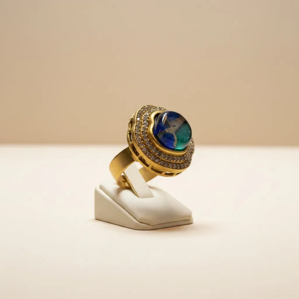 Gold-Tone Artistic Stone Ring with Double CZ Halo