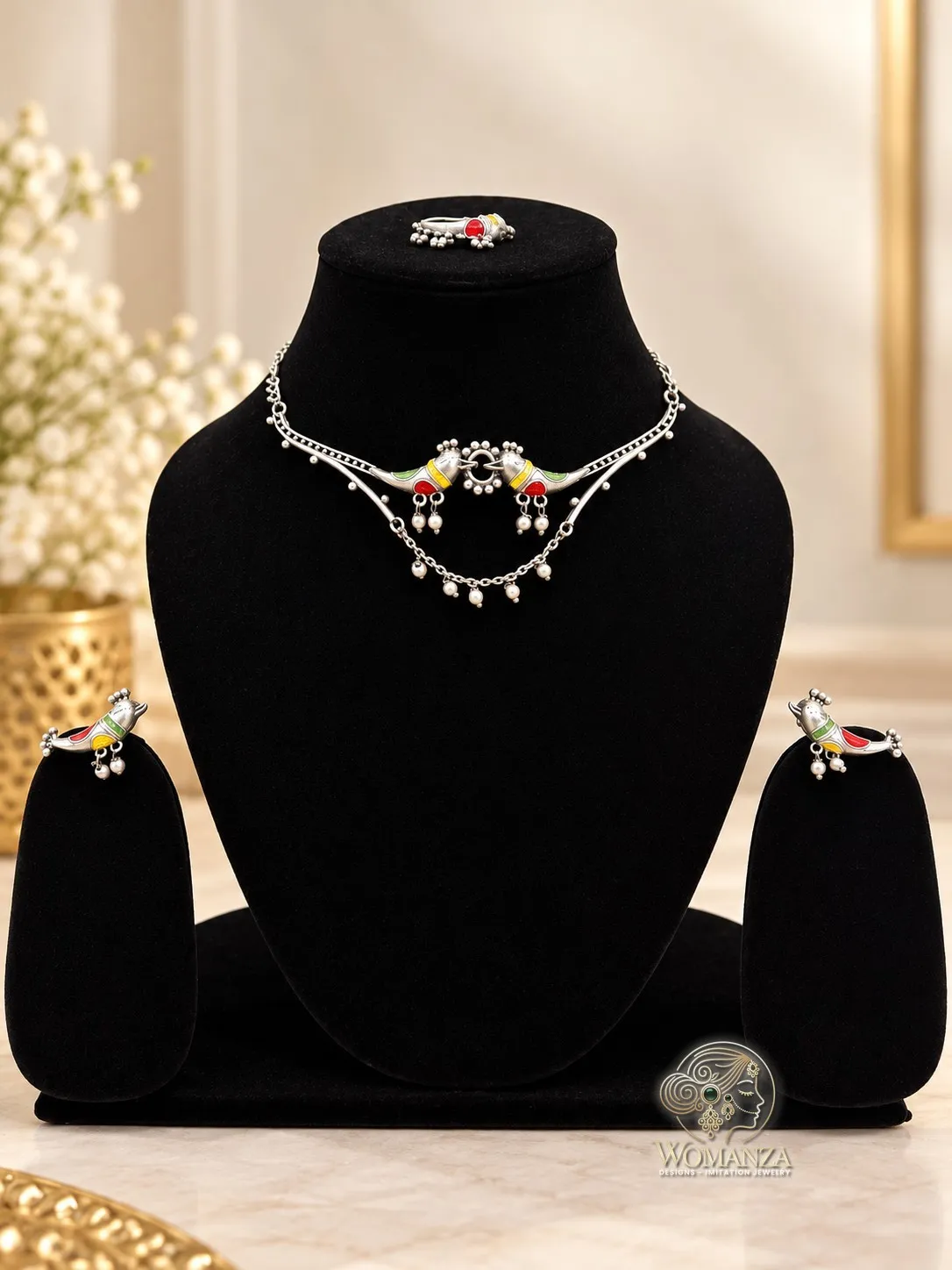 Oxidised Silver Parrot Motif Choker Set with Enamel & Pearl Drops