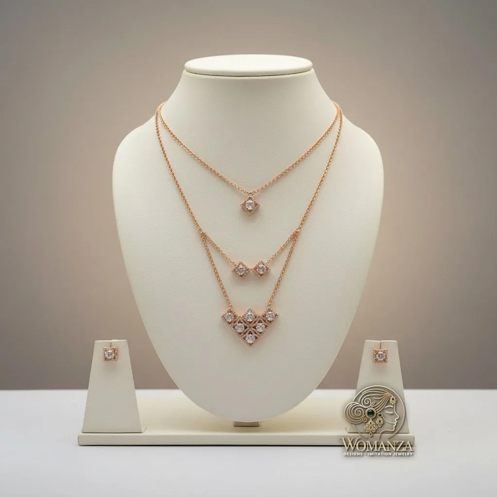 Triple-Layered Geometric Necklace Set with Square Stud Earrings