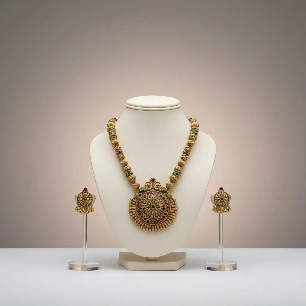 Antique Temple Medallion Necklace Set with Multi-Stone Jhumkas