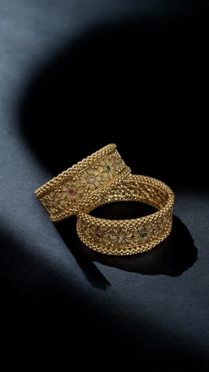 Vintage Floral Mesh Gold Bangles with Multi-Colour Stone Detail (Size 2*6)