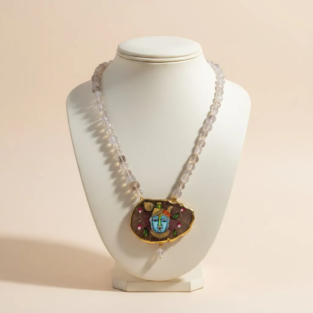 Hand-Painted Shrinathji Natural Stone Pendant Necklace