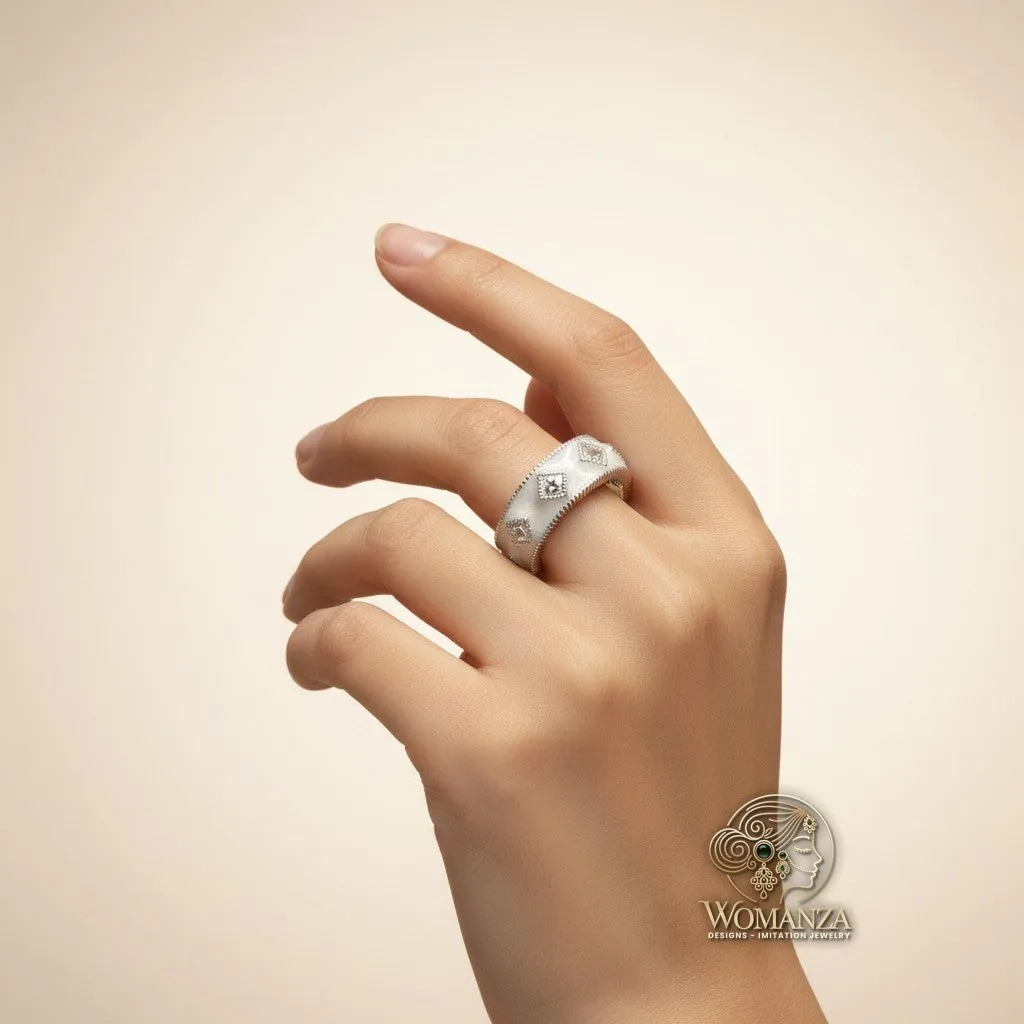 Chunky Open Silver Band Ring with Diamond-Shaped Textured Motifs