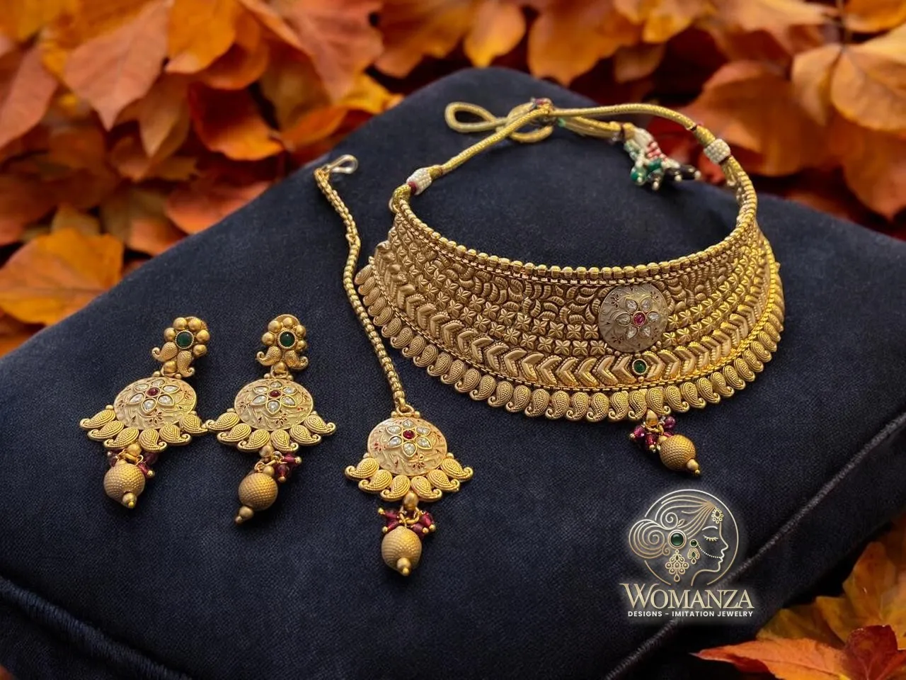 Antique Temple-Style Gold Choker Necklace Set with Long Jhumkas
