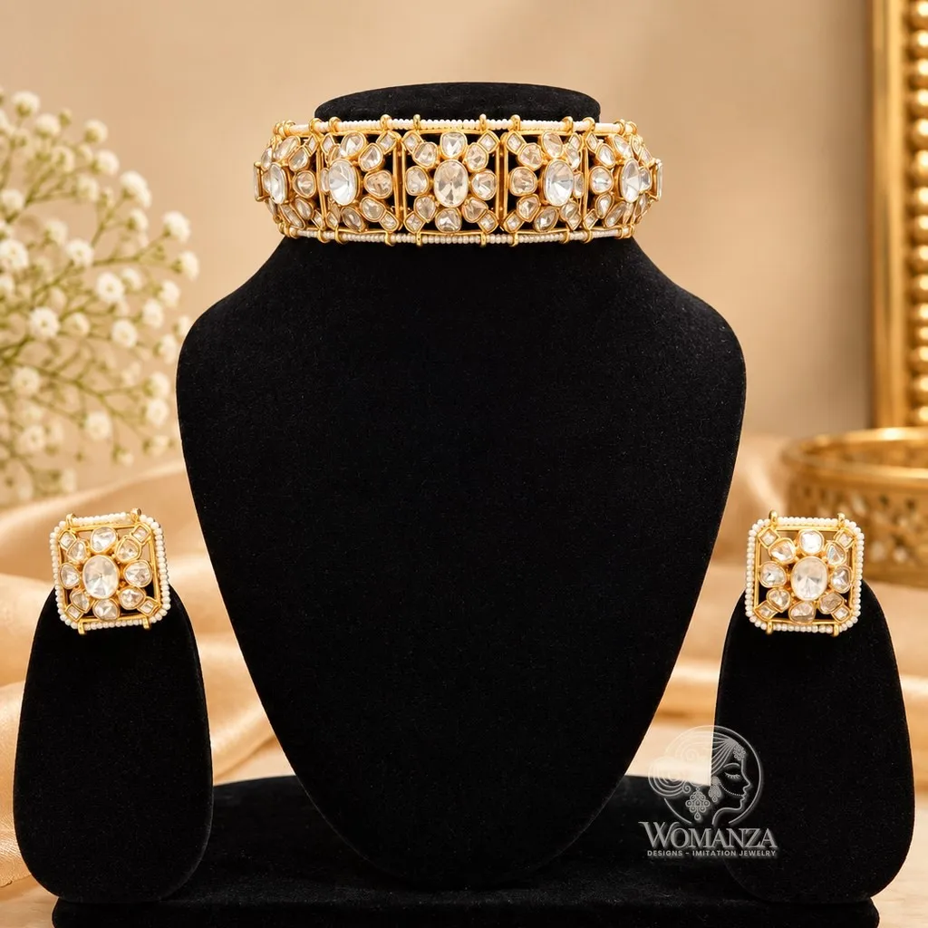 Wide Polki Choker Set with Seed-Pearl Edging & Square Studs