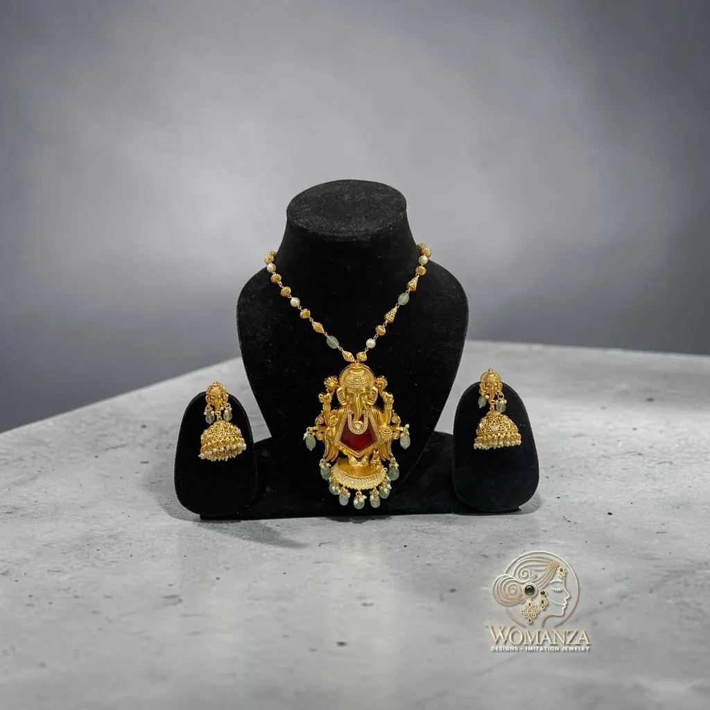 Sindoori Gajanan Temple Long Necklace Set with Doublet Stone & Ganesha Jhumkas