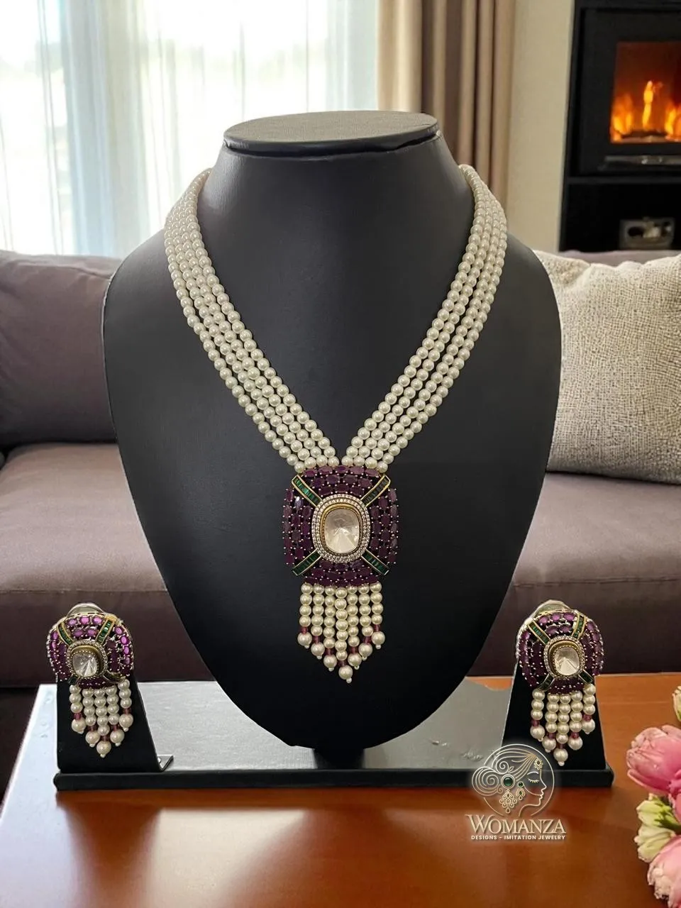Maharani Pearl Kundan Necklace Set with Purple & Green Enamel Pendant