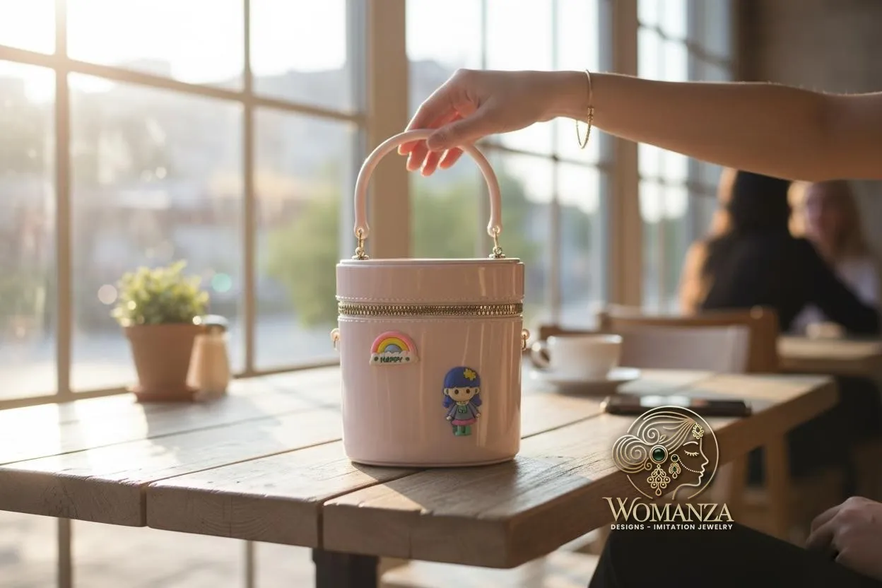 Cute Cylinder Mini Handbag with Cartoon Charms — Pastel Pink