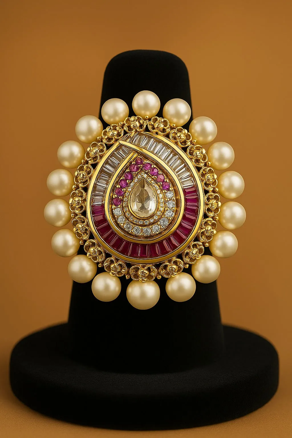 Rajkumari Kundan Ring with Polki-Style Stones, Ruby & Pearl Halo