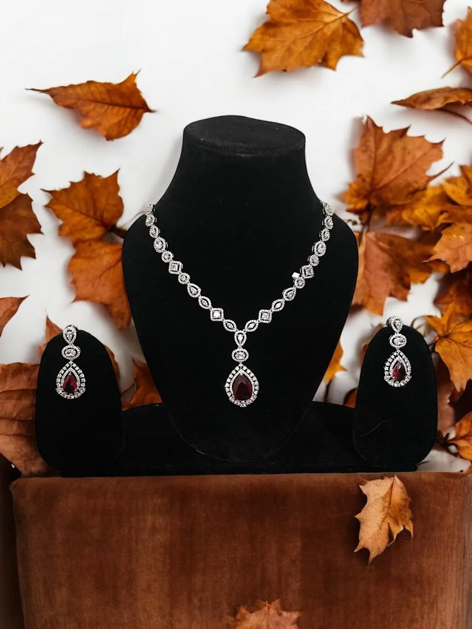 Crimson Sparkle CZ Diamond Necklace Set with Red Teardrop Pendant