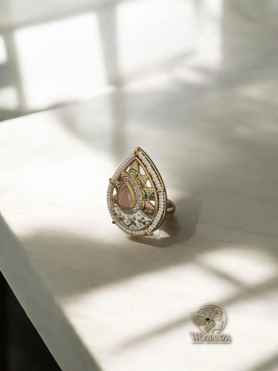 Royal Meenakari Teardrop Statement Ring with Pink Stone Centre