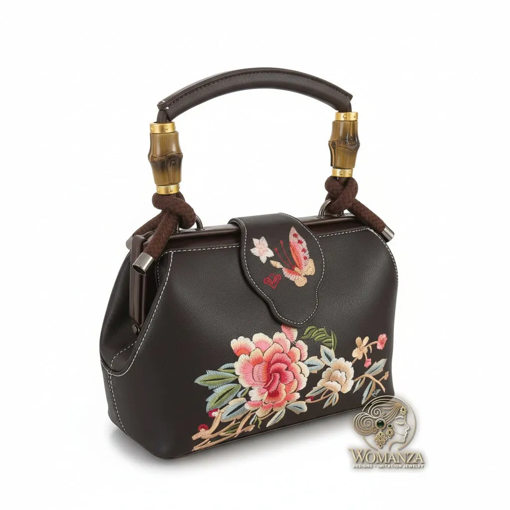 Embroidered Floral Mini Handbag with Bamboo-Inspired Handle