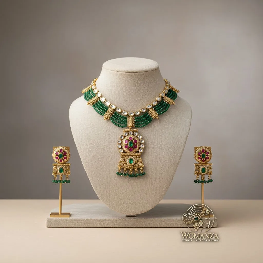 Emerald Grace Polki Choker Set with Green Bead Strings & Earrings