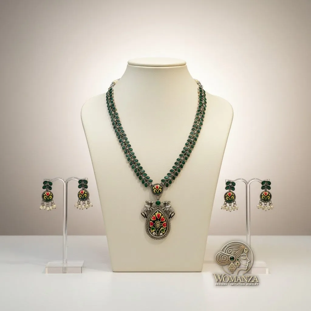 Green Enamel Elephant Motif Oxidised Necklace Set with Earrings