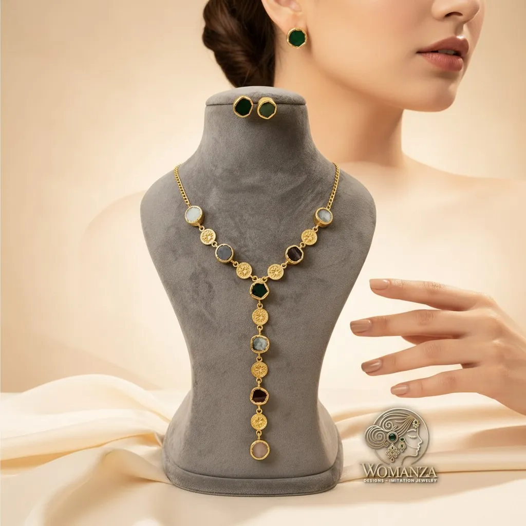 Natural Stone & Gold Coin Lariat Necklace Set with Stud Earrings