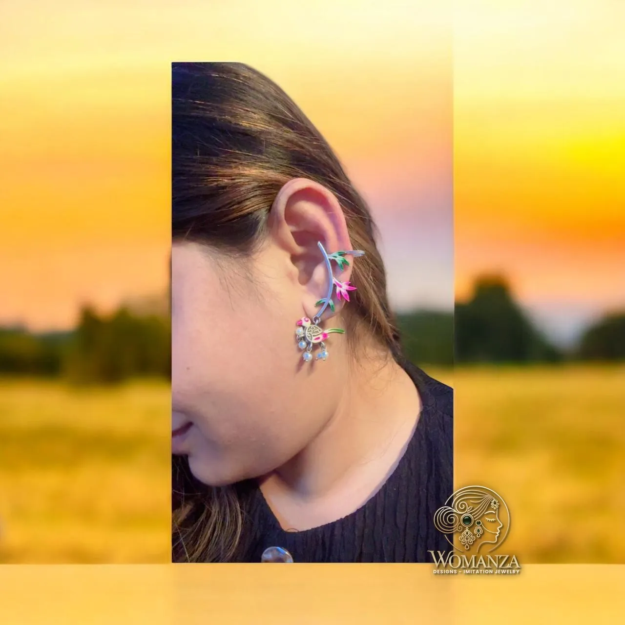 Parrot Motif Enamel Ear Cuff Earrings with Pearl Drops