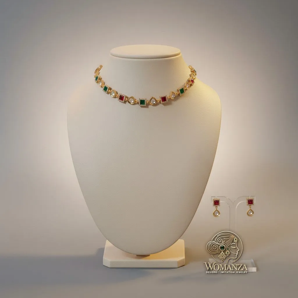 Multicolour Stone Choker Necklace Set with Kundan-Style Pear Drops