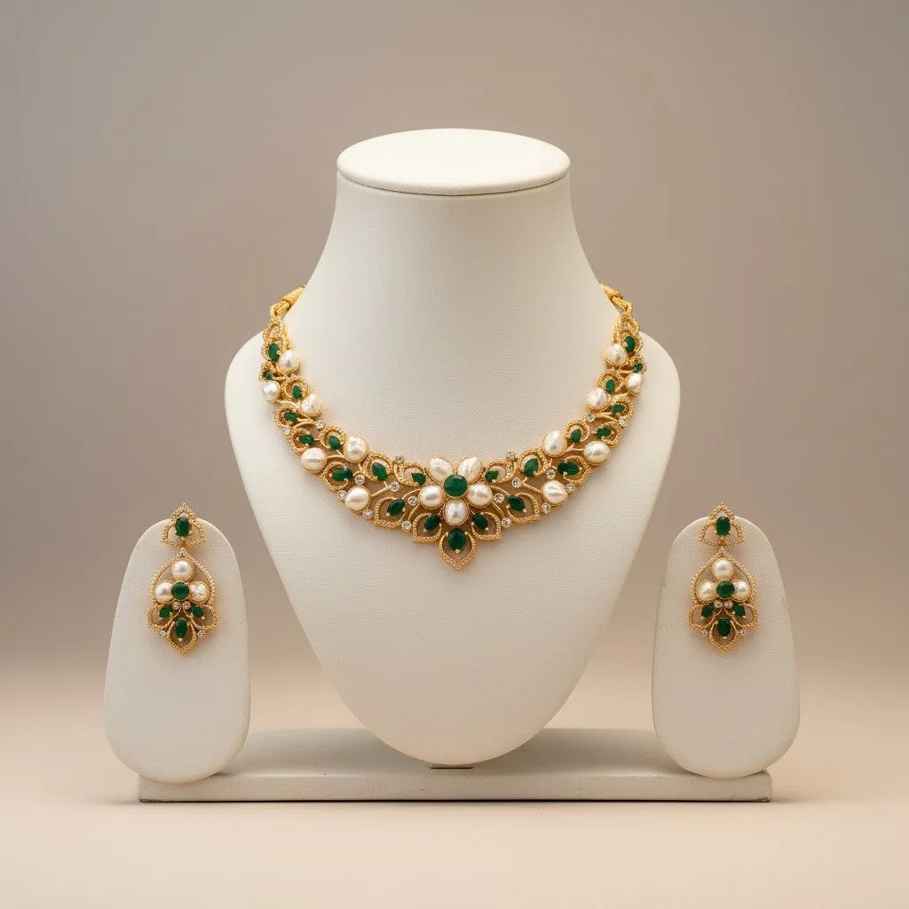 Regal Floral Pearl & Emerald Necklace Set with Statement Earrings