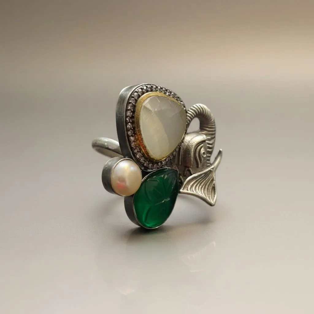 Elephant Motif Oxidised Ring with Pearl & Green Stone
