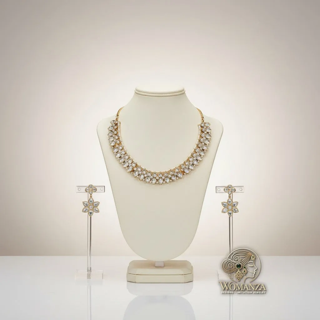 Polki-Style Floral Cluster Necklace & Earrings Set in Gold-Tone