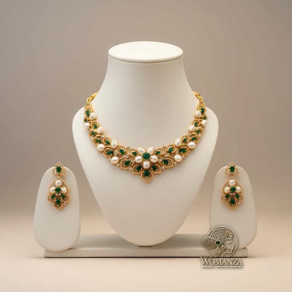 Regal Floral Pearl & Emerald Necklace Set with Statement Earrings