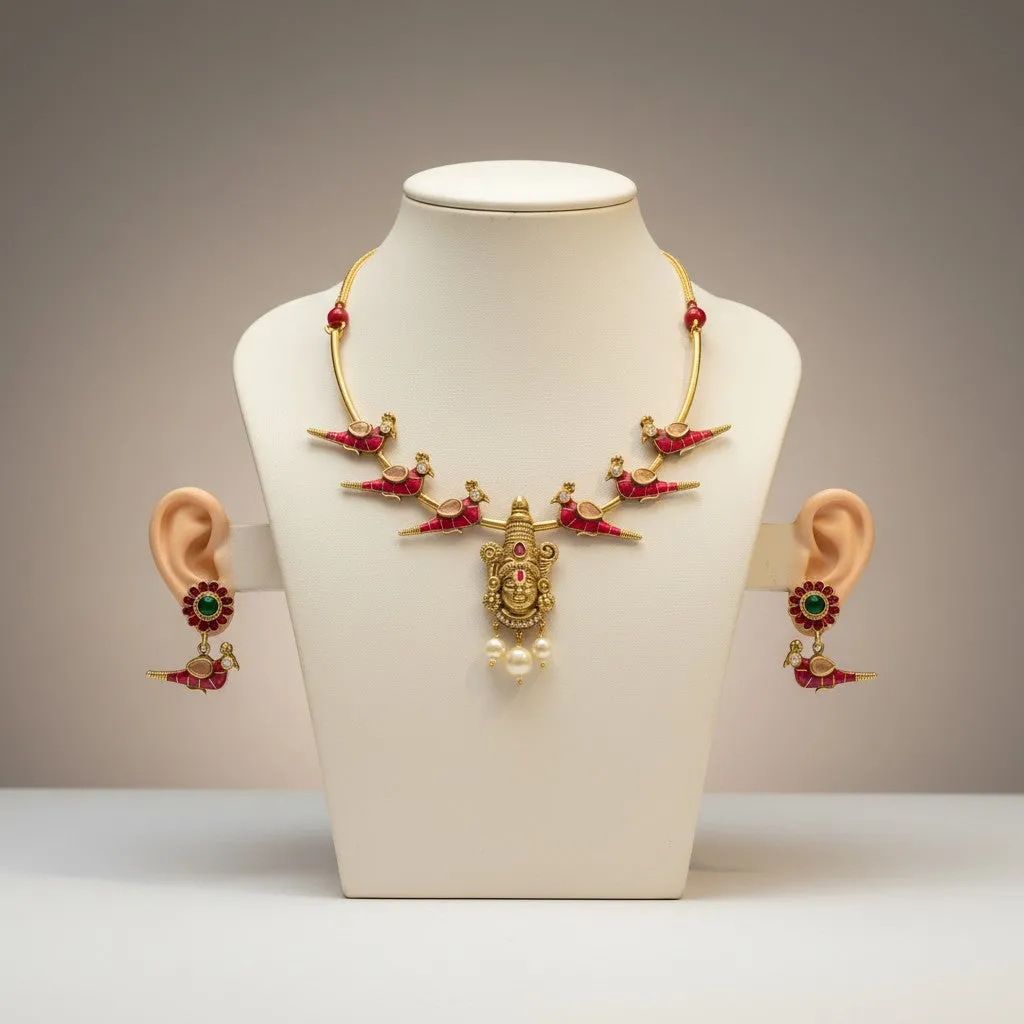 Temple Jewellery Necklace Set with Goddess Pendant & Bird Motif Earrings