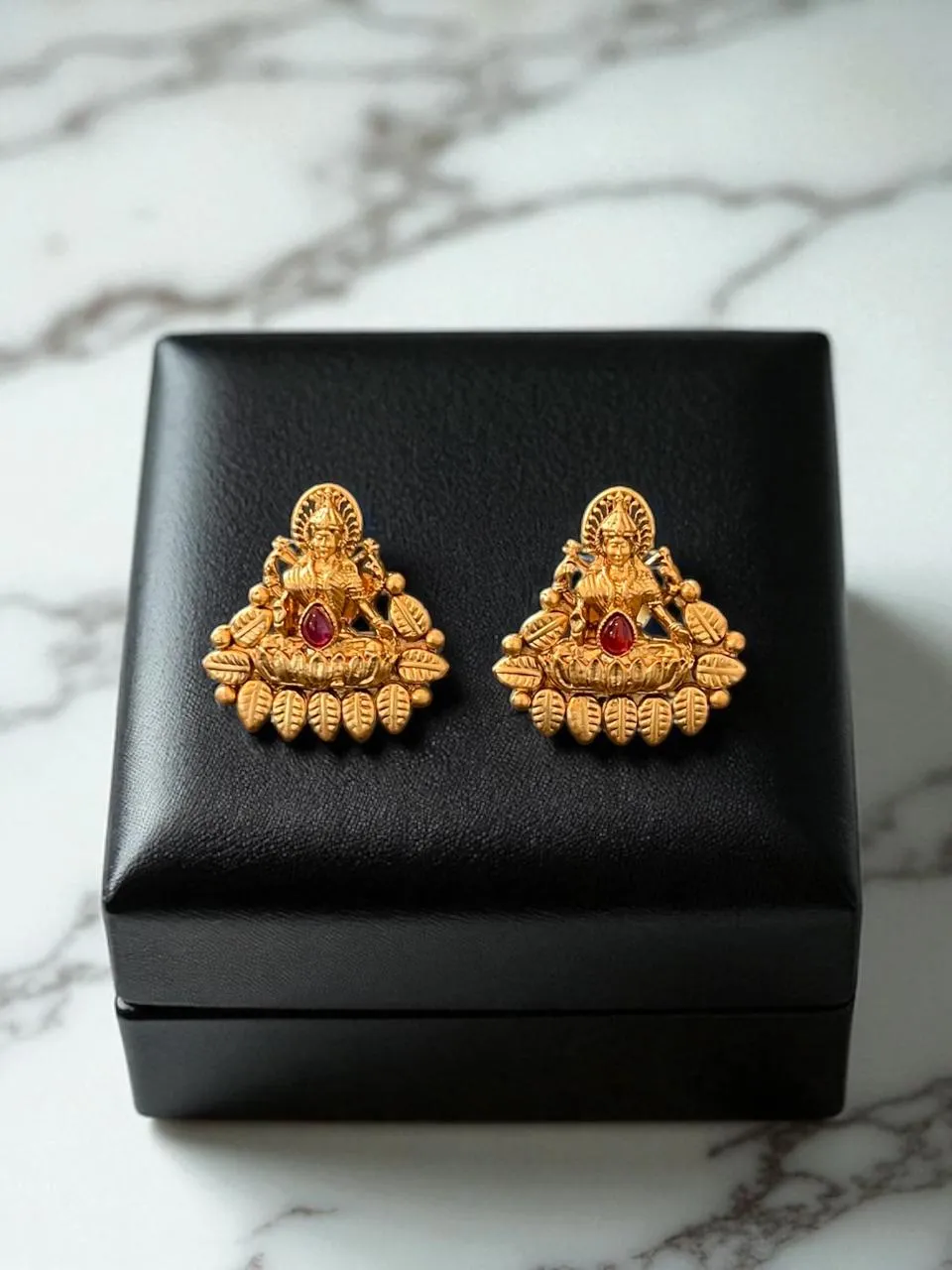 Antique Lakshmi Temple Stud Earrings with Ruby Accent